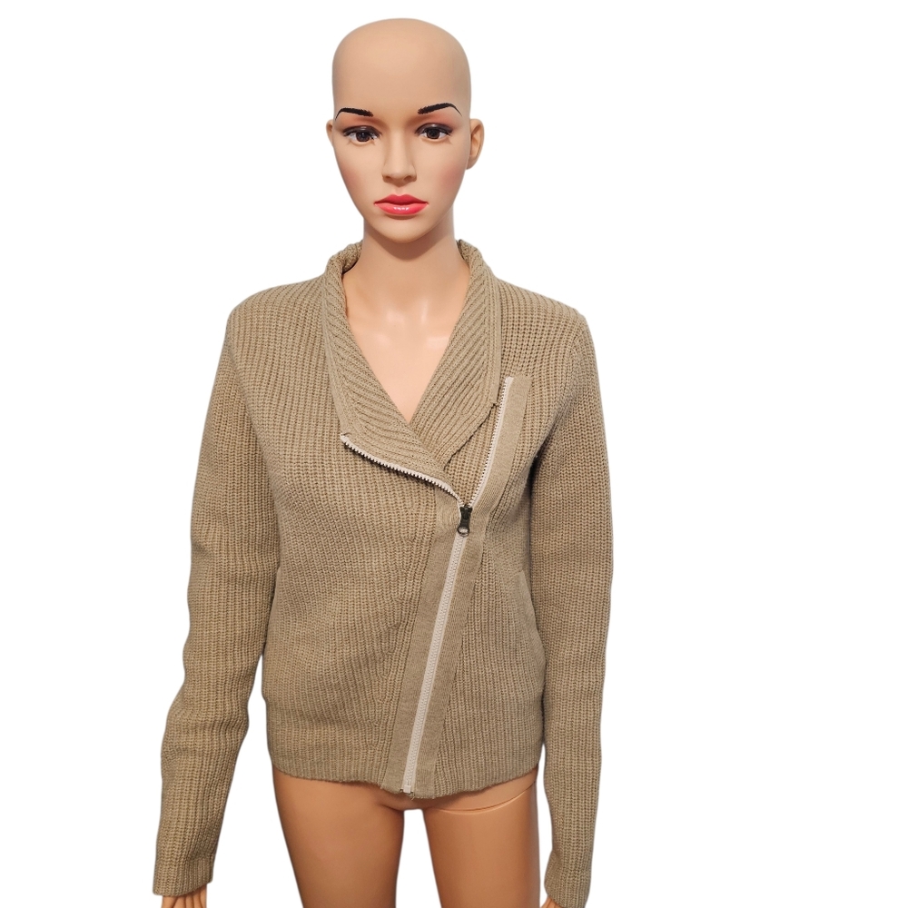 Athleta Stowe Moto Zip Merino Wool Asymetrical Beige Knit Cardigan Sweater Sz S - Picture 4 of 7
